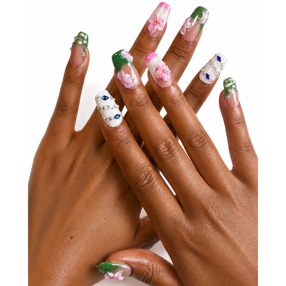 Green White French Square Press On Nails, Handmade 3D Pink Cherry Blossom AB Rhinestone Glossy Nude Fake Nails, Fresh Spring Reusable Nail Tips for Wedding Daily