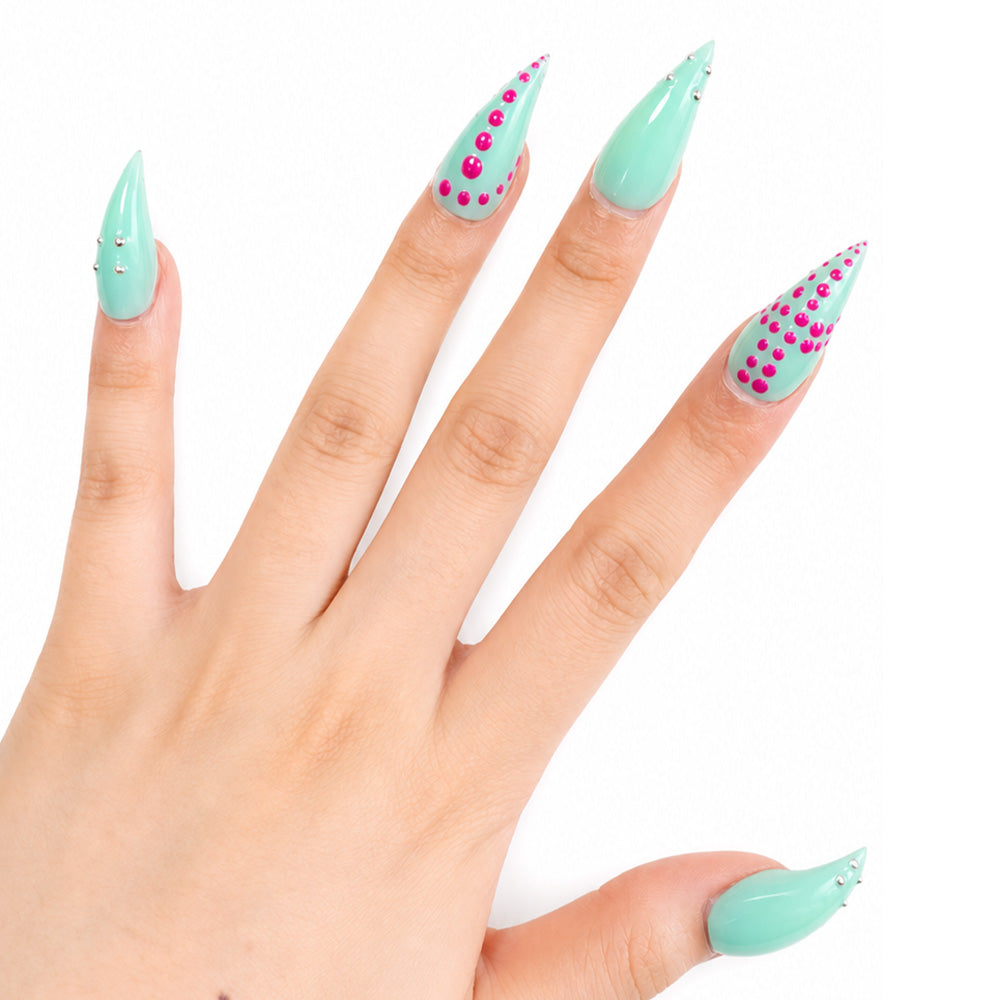 Handmade Mint Green Long Almond Cat Claw Press On Nails, Glossy Solid Fake Nails with Hot Pink Polka Dots & Tiny Silver Metal Studs, Y2K Summer Reusable False Nail Tips for Party Manicure