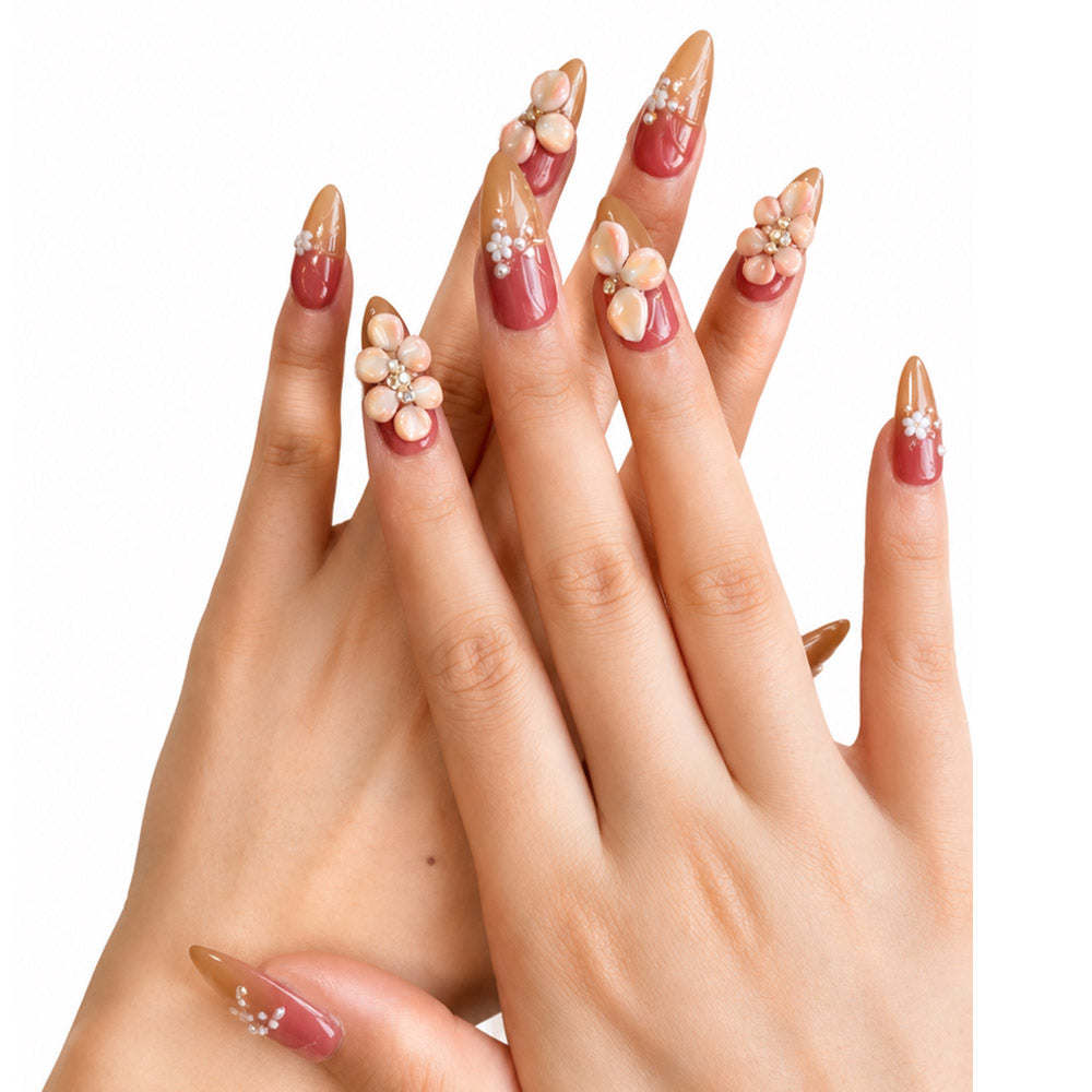 Gradient Pink Brown Almond Press On Nails, Handmade 3D Pearl Petal Flower & Cluster Rhinestone Decor Glossy Fake Nails, Romantic Reusable False Nail Tips for Bridal Daily Wear