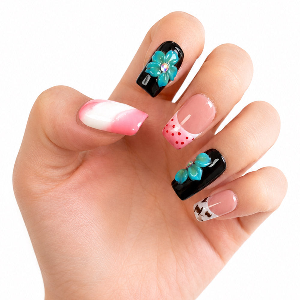 Mixed Design Square Press On Nails, Handmade 3D Turquoise Flower Cow Print Pink Polka Dot French Tip Fake Nails, Y2K Summer Reusable False Nail Tips