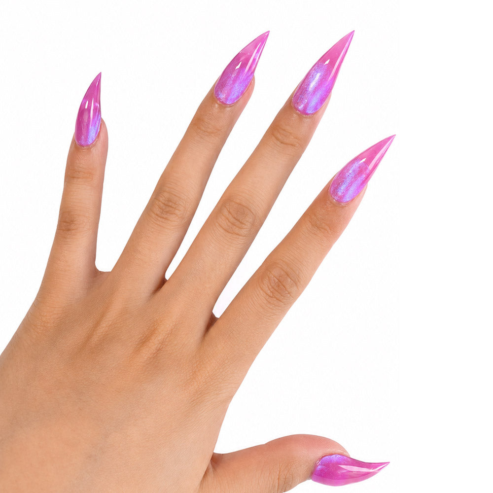 Hot Pink Iridescent Glitter Cat Claw Press On Nails, Glossy Transparent Mermaid Foil Long Stiletto Fake Nails, Y2K Sparkly Reusable Nail Tips for Party Club