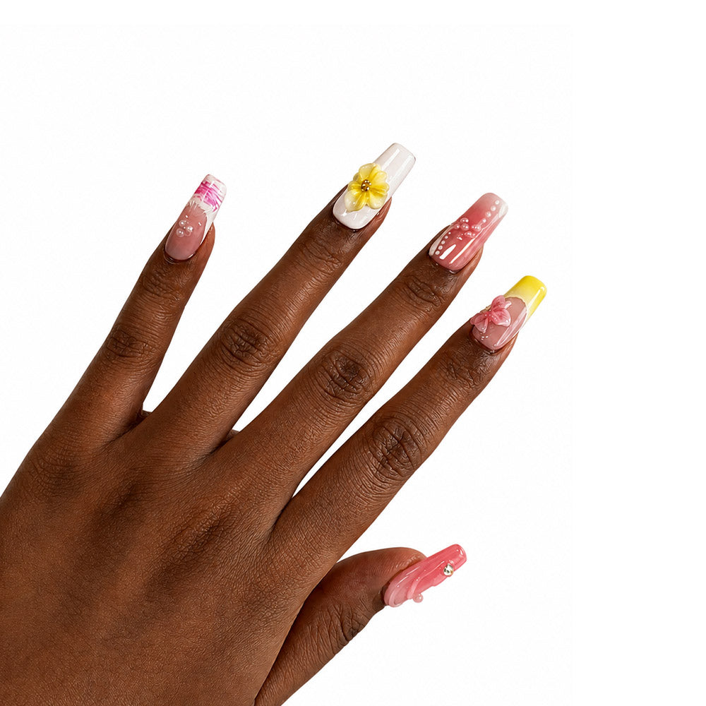 Handmade Pink Nude Gradient Square Press On Nails, 3D Yellow & Pink Flower Rhinestone Decor Glossy Fake Nails, Sweet Floral Reusable False Nail Tips for Daily Wedding