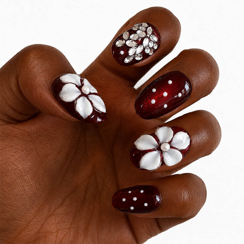 Burgundy Shimmer Oval Press On Nails, Handmade 3D White Pearl Flower, Rhinestone & White Polka Dot Glossy Fake Nails, Romantic Wedding Reusable Nail Tips