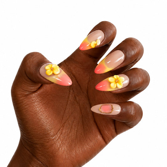 Handmade 3D Yellow Flower Gradient Almond Press On Nails,Sunset Pink Orange Ombre Glossy Fake Nails, Reusable Luxury False Nail Tips for Women Daily Party Wear