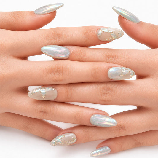 Mint Aurora Cat Eye Almond Press On Nails – Handmade Gold Wire, Mermaid Foil & Iridescent Leaf | Minimal Elegant Bridal Reusable Nail Tips