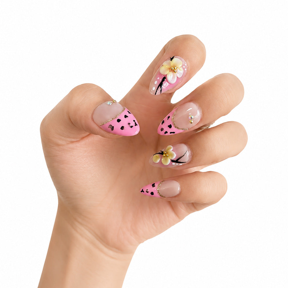 Pink Leopard Print French Almond Press On Nails, Handmade 3D Cream Flower Black Vine & Tiny Rhinestone Decor Glossy Nude Fake Nails, Cute Y2K Reusable False Nail Tips
