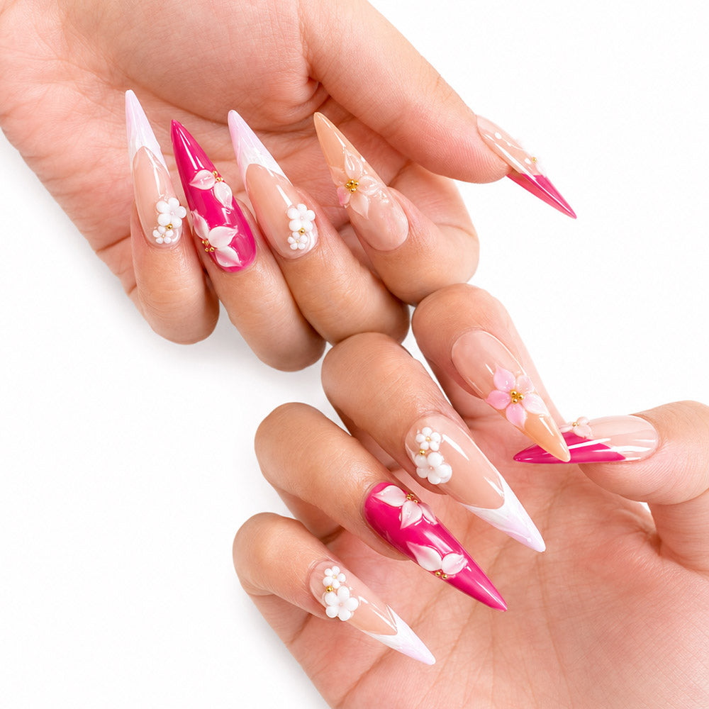 Hot Pink Ombre Stiletto Press On Nails, Handmade 3D Pink Cherry Blossom & Mini White Pearl Flower Glossy Nude Fake Nails, Romantic Bridal Reusable Long False Nail Tips