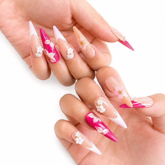 Hot Pink Ombre Stiletto Press On Nails – Handmade 3D Cherry Blossom & Pearl Flower Bridal Reusable Fake Nail Tips