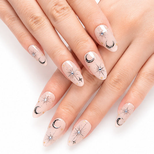 Sheer Nude Almond Press On Nails – Handmade Silver Moon & Star Rhinestone, Gold Flakes | Night Sky Bridal Reusable Nail Tips