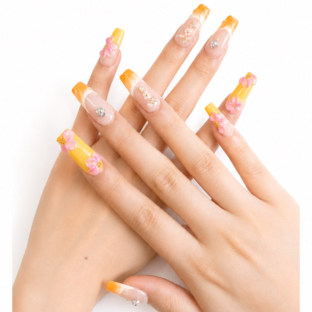 Yellow Orange Gradient French Square Press On Nails, Handmade 3D Pink Flower Crystal Rhinestone Nude Fake Nails, Sweet Summer Reusable Nail Tips for Daily Date