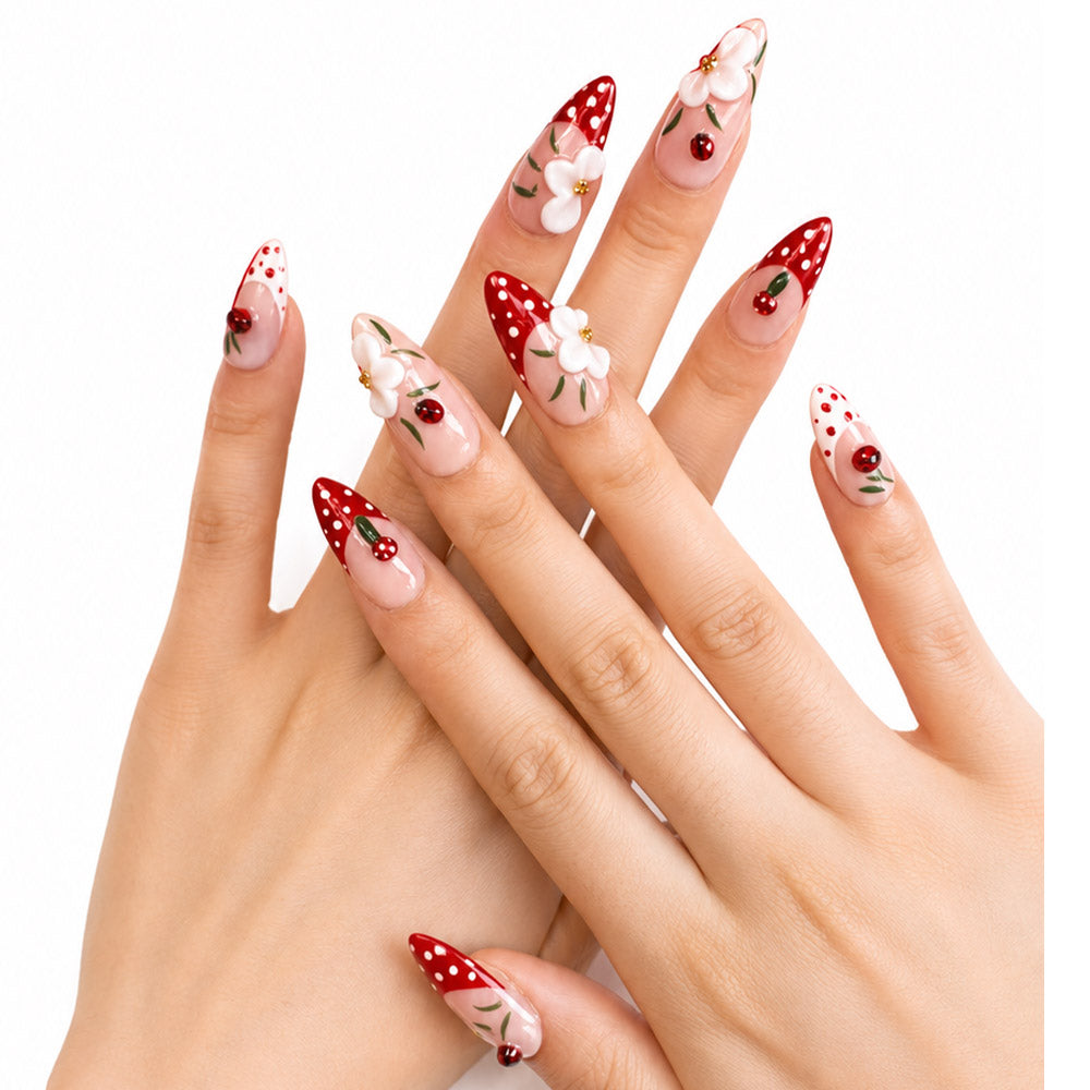 Red Polka Dot Almond Press On Nails, Handmade 3D White Flower Ladybug Mushroom Green Leaf Nude Fake Nails, Cute Sweet Summer Reusable Nail Tips