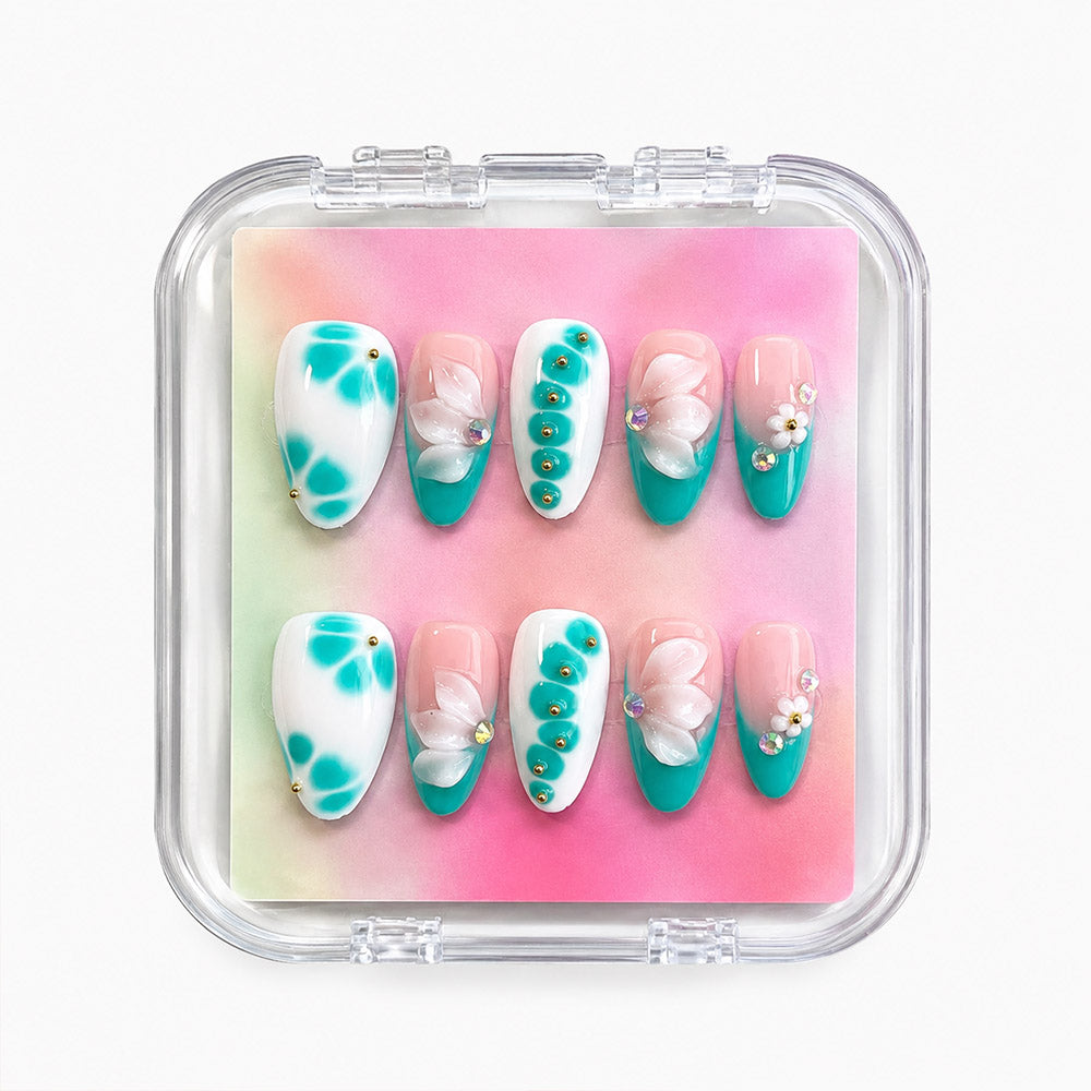 Turquoise White French Almond Press On Nails, Handmade 3D White Flower Pearl Gold Bead Glossy Sheer Nude Fake Nails, Fresh Summer Reusable False Nail Tips for Vacation Daily Manicure