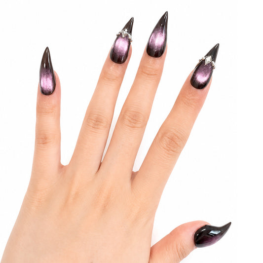 Black Pink Cat Eye Cat Claw Press On Nails, Glossy Gradient Stiletto Fake Nails with Silver Rhinestone Charms, Gothic Dark Y2K Reusable Nail Tips for Club Party