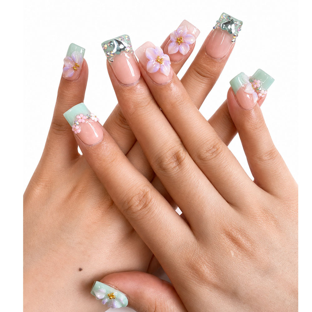 Mint Green French Duck Bill Press On Nails, Handmade 3D Purple Flower Heart Rhinestone Nude Square Fake Nails, Fresh Summer Reusable False Nail Tips