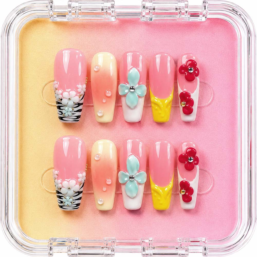 Color Block Long Square Press On Nails | Handmade 3D Multicolor Flower & Zebra Print Reusable Fake Nails