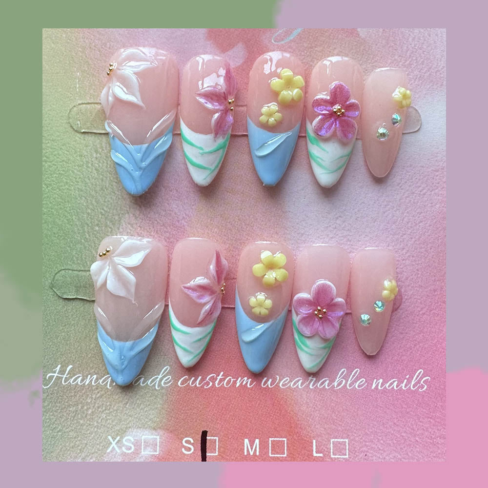 3D Flower Press On Nails | Purely Handmade Light Blue Almond French Tip  Nails, Reusable Spring Floral Nail set