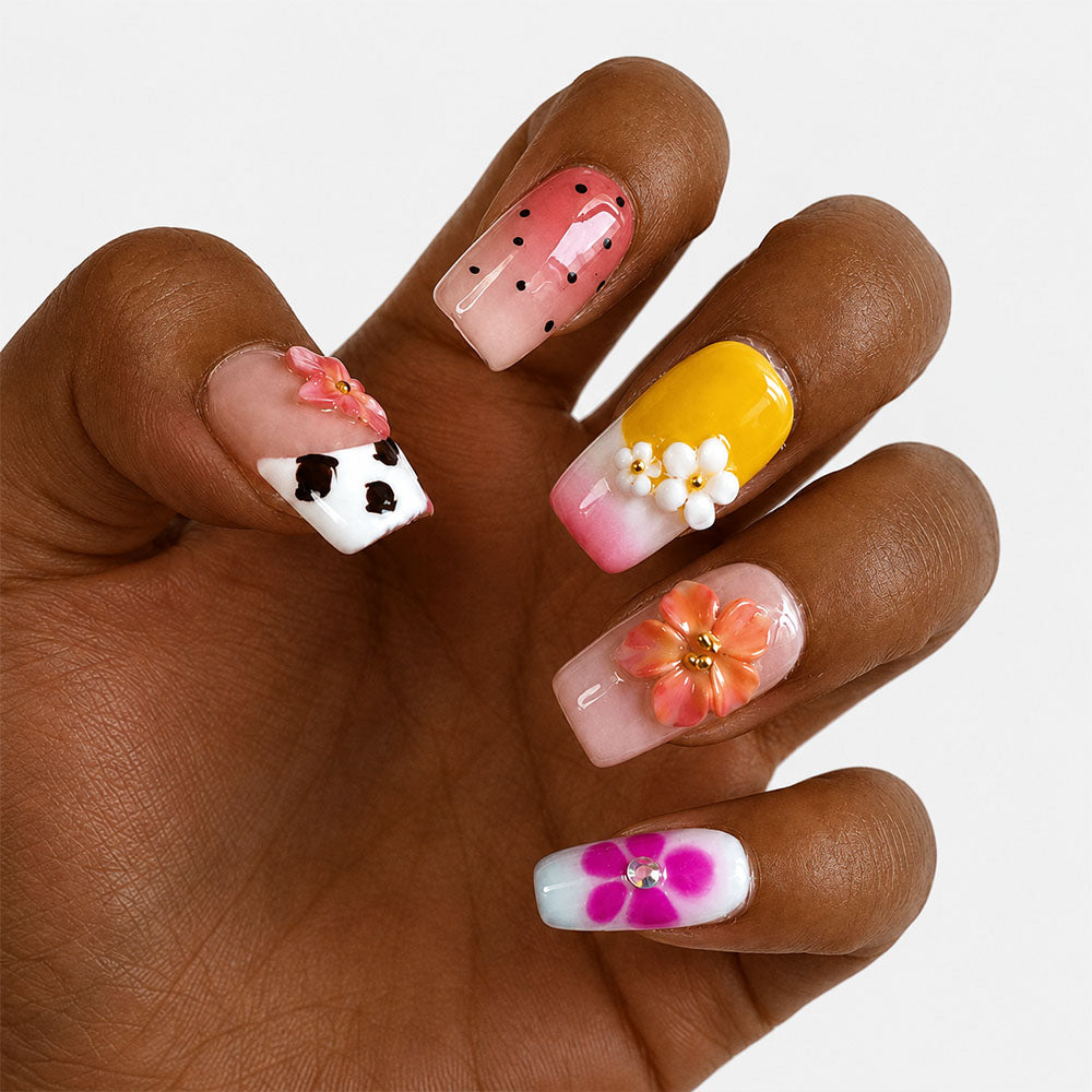 Cute Pastel Square Press On Nails, Handmade 3D Colorful Flower Cow Print Pink Gradient Summer Fake Nails, Sweet Reusable False Nail Tips for Daily Vacation