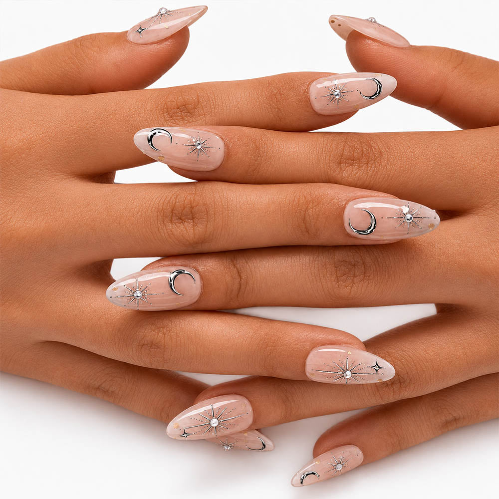 Sheer Nude Almond Press On Nails – Handmade Silver Moon & Star Rhinestone, Gold Flakes | Night Sky Bridal Reusable Nail Tips