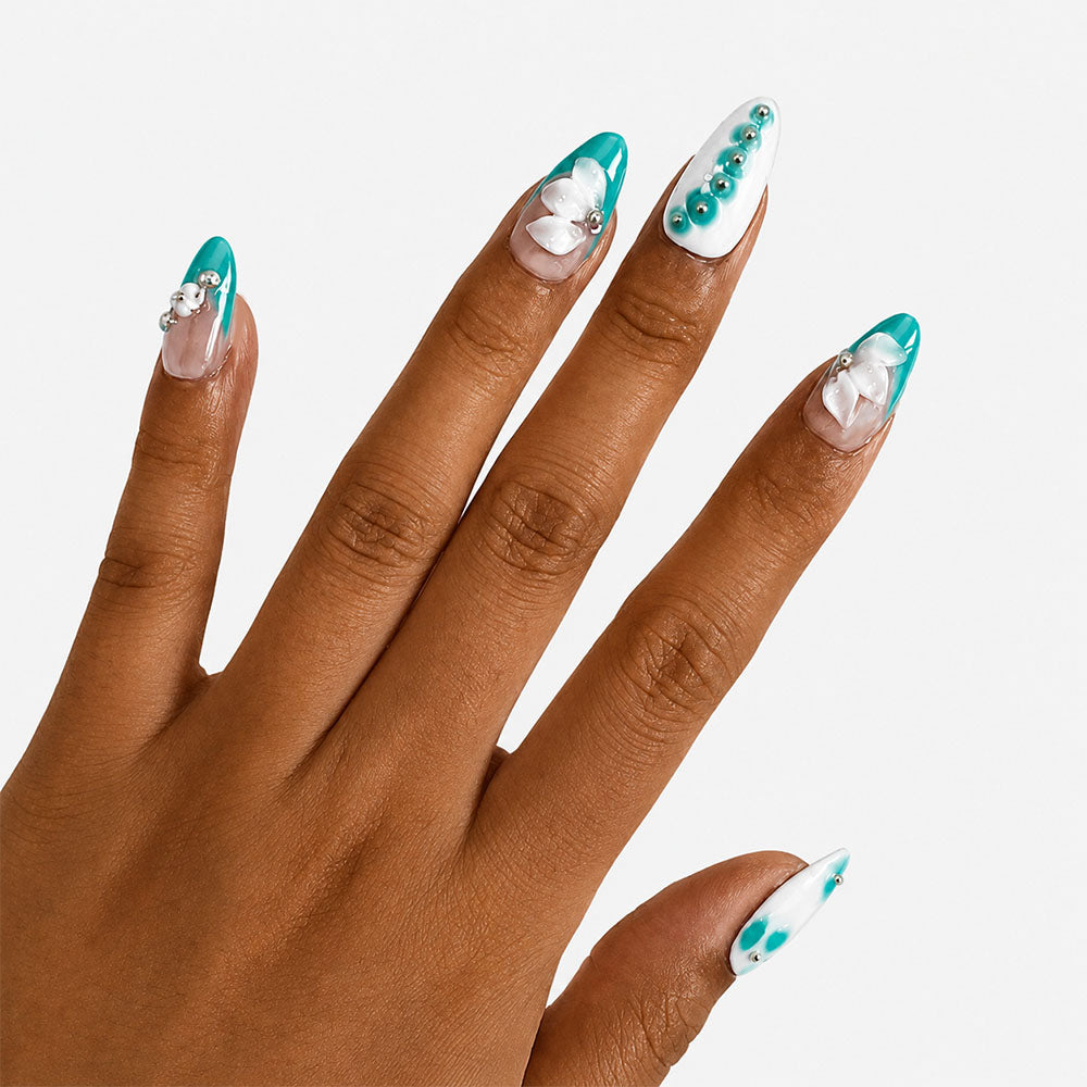 Turquoise White French Almond Press On Nails, Handmade 3D White Flower Pearl Gold Bead Glossy Sheer Nude Fake Nails, Fresh Summer Reusable False Nail Tips for Vacation Daily Manicure