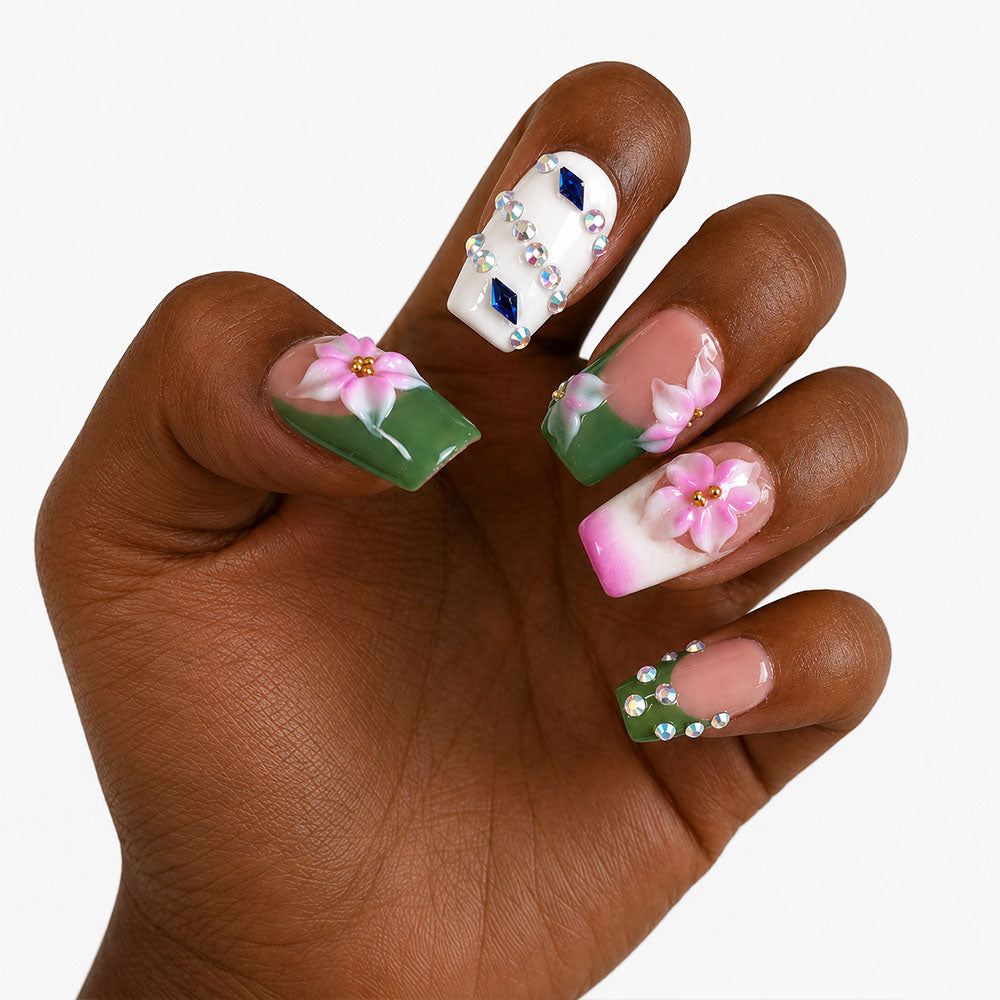 Green White French Square Press On Nails, Handmade 3D Pink Cherry Blossom AB Rhinestone Glossy Nude Fake Nails, Fresh Spring Reusable Nail Tips for Wedding Daily