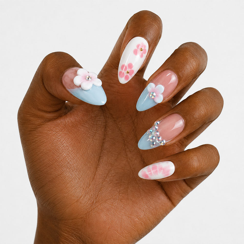 Pastel Light Blue French Almond Press On Nails, Handmade 3D Pink Sakura Flower Crystal Rhinestone White Watercolor Floral Nude Fake Nails, Soft Spring Bridal Reusable Nail Tips