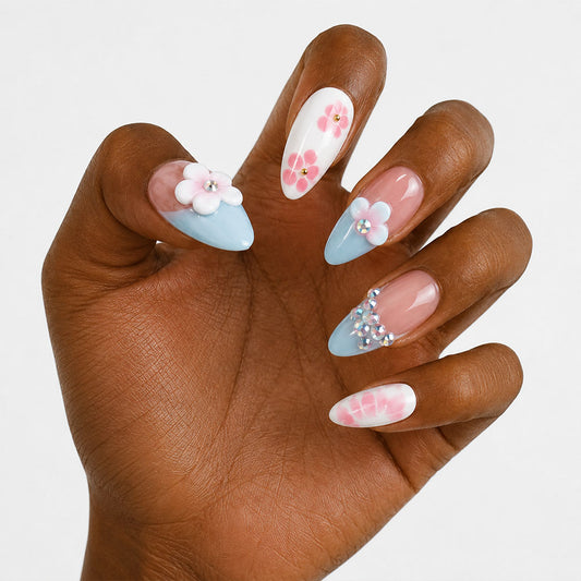 Pastel Light Blue French Almond Press On Nails, Handmade 3D Pink Sakura Flower Crystal Rhinestone White Watercolor Floral Nude Fake Nails, Soft Spring Bridal Reusable Nail Tips