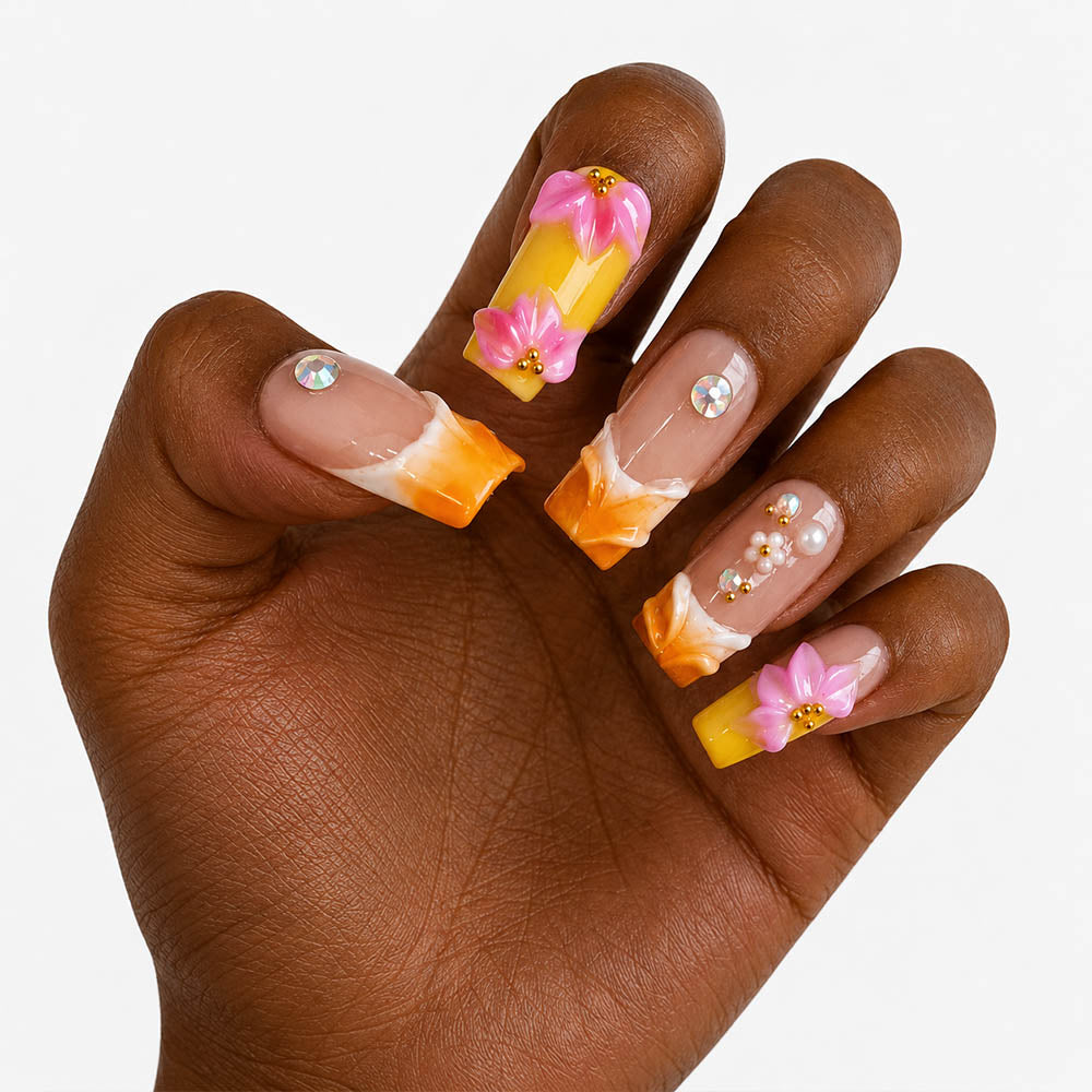 Yellow Orange Gradient French Square Press On Nails, Handmade 3D Pink Flower Crystal Rhinestone Nude Fake Nails, Sweet Summer Reusable Nail Tips for Daily Date