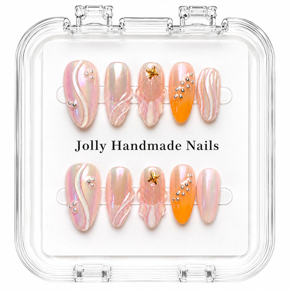 Mermaid Shell Almond Press On Nails – Handmade Iridescent Pink 3D Shell, Gold Starfish & Pearl | Orange Gradient Summer Beach Reusable Nail Tips