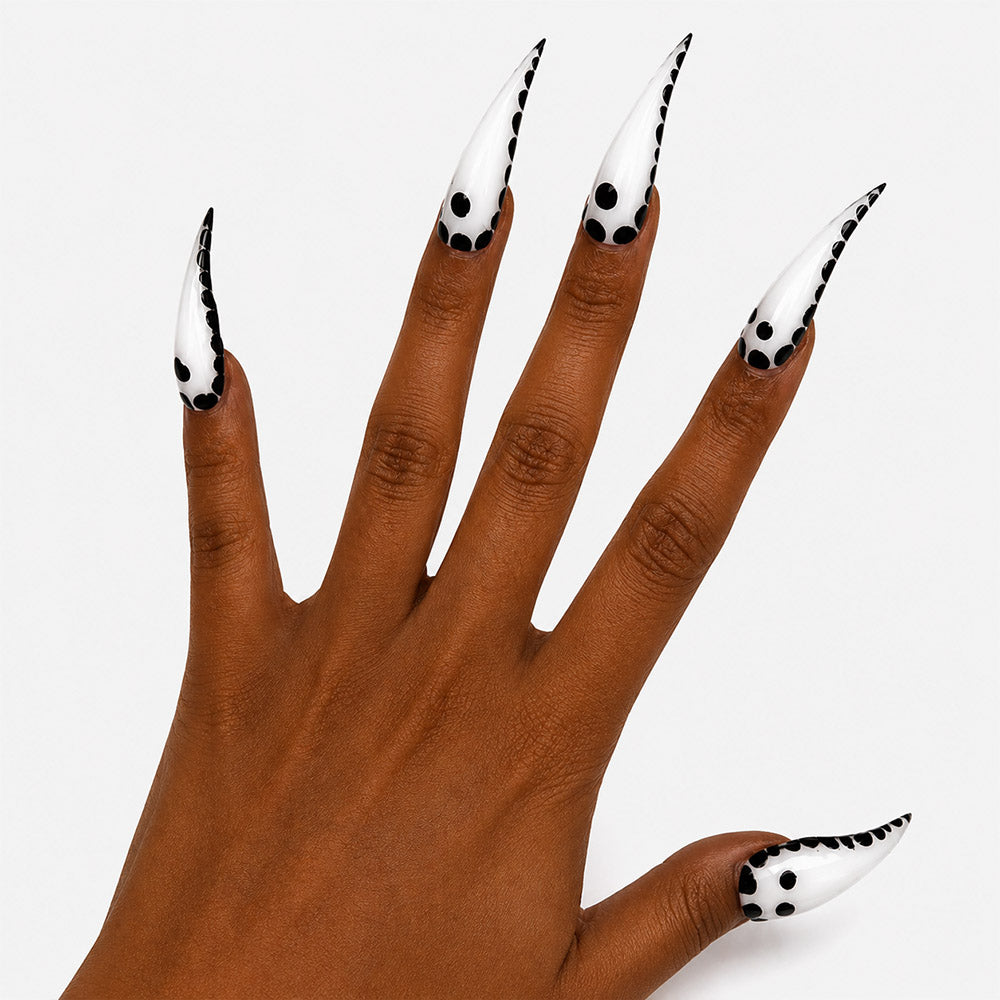 Handmad White Black Polka Dot Cat Claw Press On Nails, Glossy Long Stiletto Fake Nails, Minimalist Y2K Trendy Reusable False Nail Tips for Daily Party