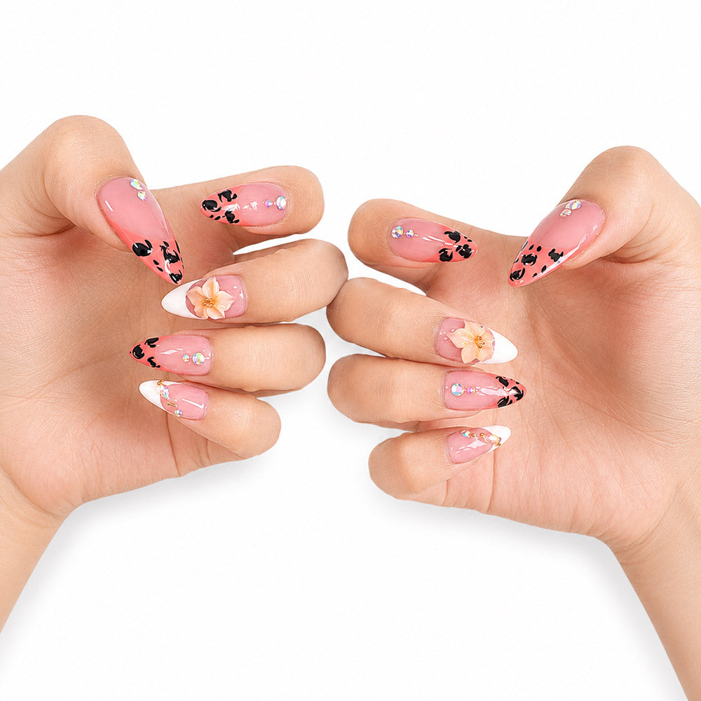 Handmade pink and orange leopard print French almond press-on false nails, decorated with 3D flowers and rainbow rhinestones, glossy nude false nails, summer fashion Y2K reusable false nail tips