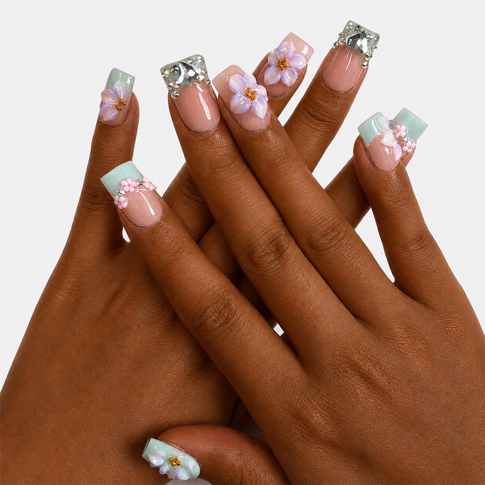 Mint Green French Duck Bill Press On Nails, Handmade 3D Purple Flower Heart Rhinestone Nude Square Fake Nails, Fresh Summer Reusable False Nail Tips