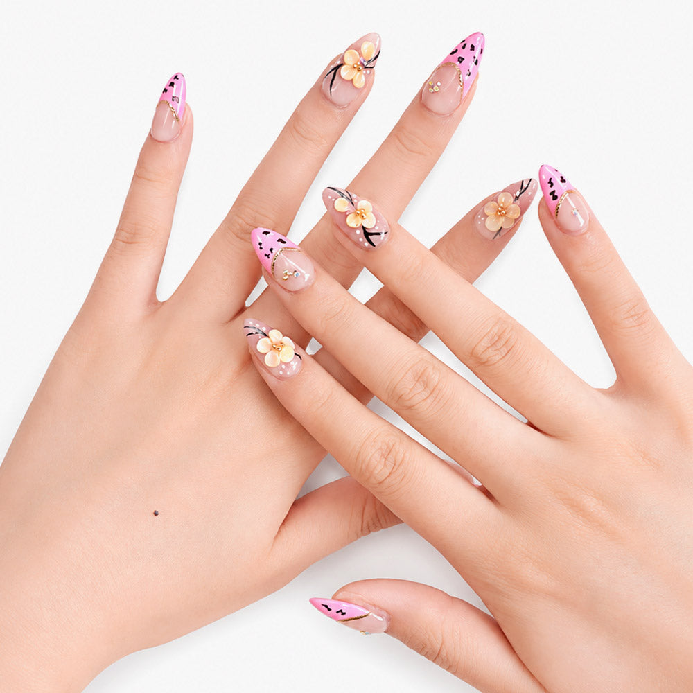 Pink Leopard Print French Almond Press On Nails, Handmade 3D Cream Flower Black Vine & Tiny Rhinestone Decor Glossy Nude Fake Nails, Cute Y2K Reusable False Nail Tips