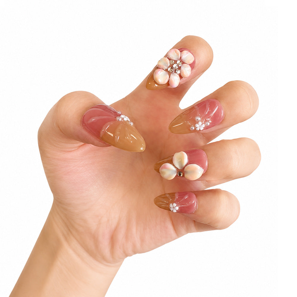Gradient Pink Brown Almond Press On Nails, Handmade 3D Pearl Petal Flower & Cluster Rhinestone Decor Glossy Fake Nails, Romantic Reusable False Nail Tips for Bridal Daily Wear