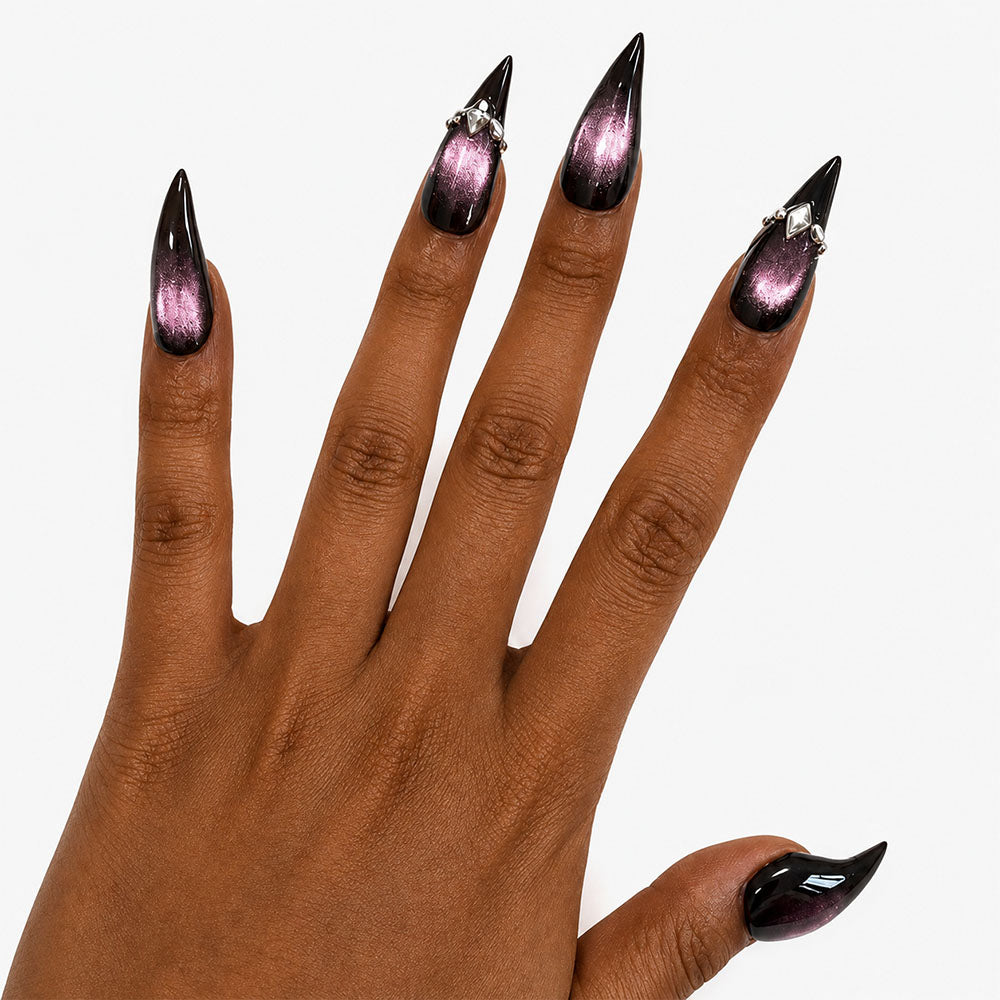 Black Pink Cat Eye Cat Claw Press On Nails, Glossy Gradient Stiletto Fake Nails with Silver Rhinestone Charms, Gothic Dark Y2K Reusable Nail Tips for Club Party