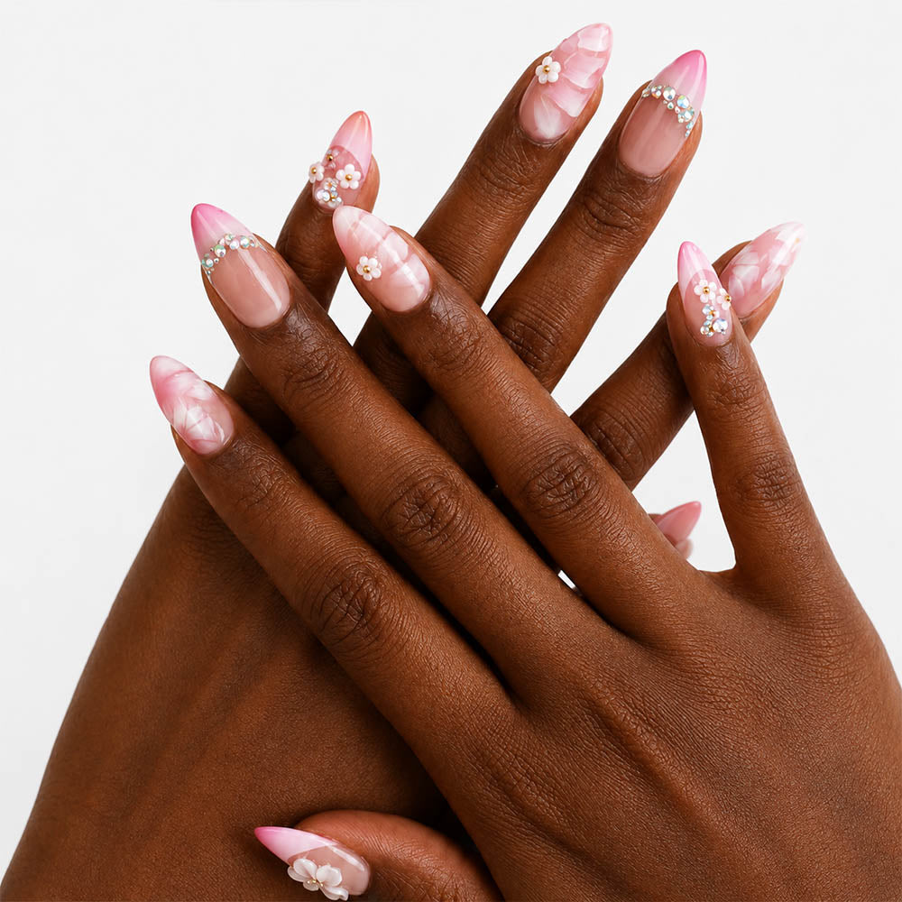 Pink Watercolor Cloud Almond Press On Nails, Handmade Mini White 3D Flower AB Rhinestone Gradient Nude Fake Nails, Gentle Wedding Daily Reusable Nail Tips