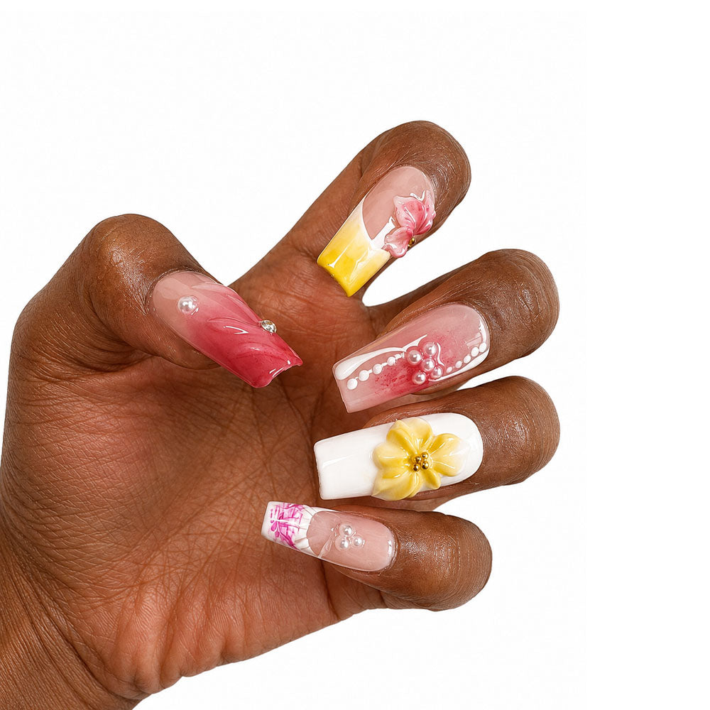 Handmade Pink Nude Gradient Square Press On Nails, 3D Yellow & Pink Flower Rhinestone Decor Glossy Fake Nails, Sweet Floral Reusable False Nail Tips for Daily Wedding