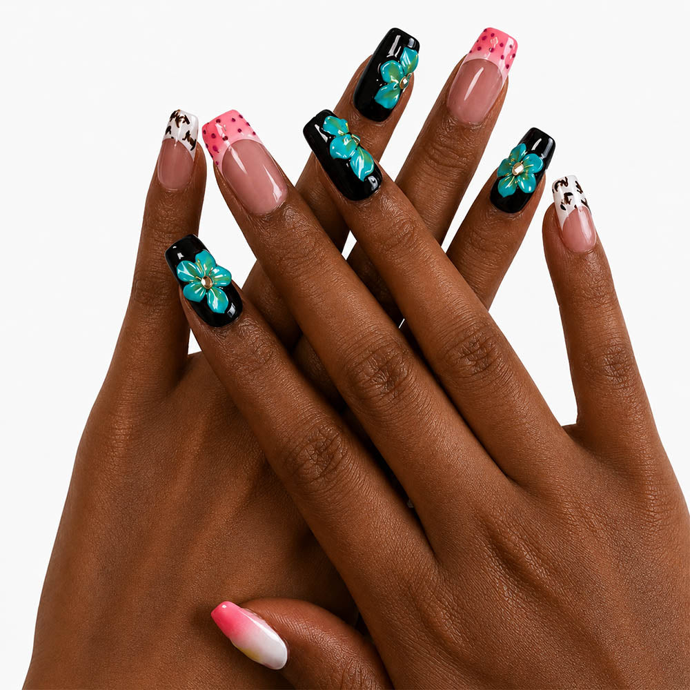 Mixed Design Square Press On Nails, Handmade 3D Turquoise Flower Cow Print Pink Polka Dot French Tip Fake Nails, Y2K Summer Reusable False Nail Tips