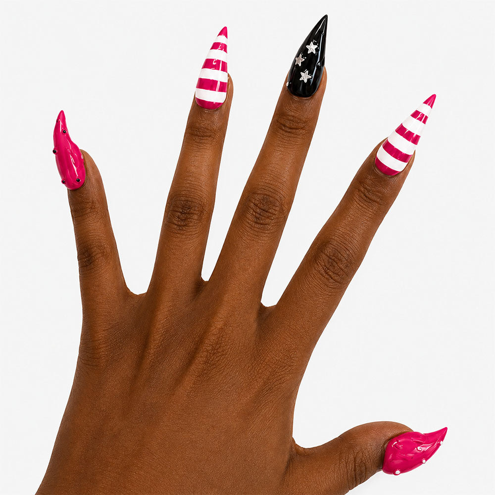 Hot Pink Striped Star Cat Claw Press On Nails, Glossy Black White Stiletto Fake Nails, Y2K Gothic Reusable False Nail Tips for Party Cosplay