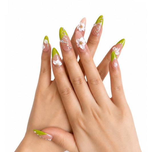 Fresh Green French Tip Almond Press On Nails, Handmade 3D White Flower & Curved Rhinestone Decor Glossy Nude Fake Nails, Spring Elegant Reusable False Nail Tips