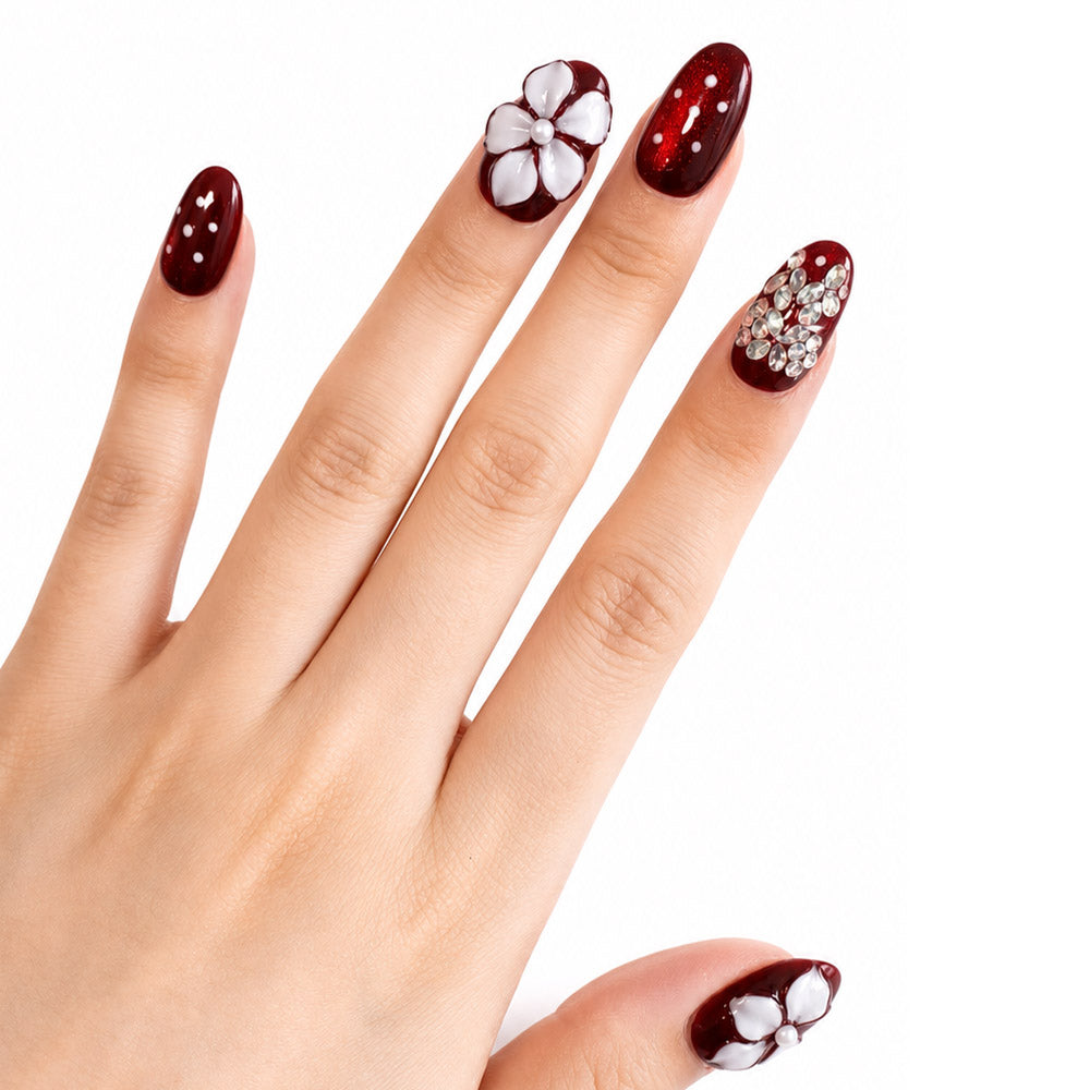 Burgundy Shimmer Oval Press On Nails, Handmade 3D White Pearl Flower, Rhinestone & White Polka Dot Glossy Fake Nails, Romantic Wedding Reusable Nail Tips