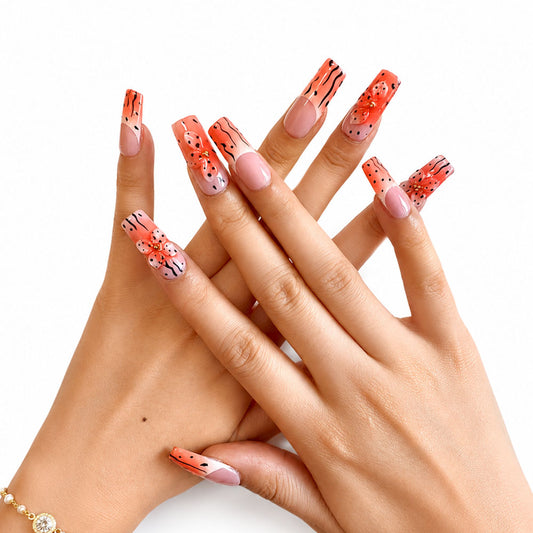 Orange Tiger Print French Coffin Press On Nails, Handmade 3D Bow Rhinestone Decor Gradient Fake Nails, Reusable Y2K Nail Art Tips For Daily Party