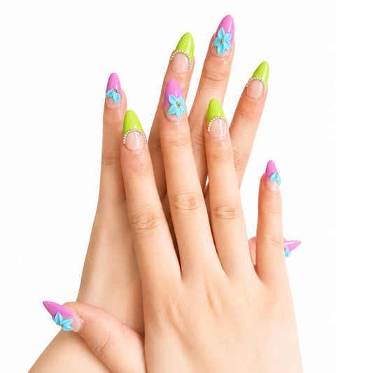 Pure handmade light purple-green gradient almond-shaped press-on false nails, 3D blue flower and steel bead decorated glossy false nails, cute Y2K reusable false nail stickers, suitable for daily summer wear
