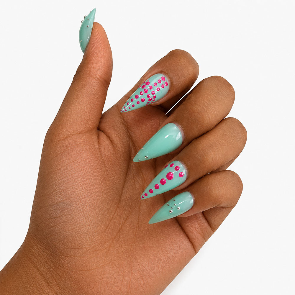 Handmade Mint Green Long Almond Cat Claw Press On Nails, Glossy Solid Fake Nails with Hot Pink Polka Dots & Tiny Silver Metal Studs, Y2K Summer Reusable False Nail Tips for Party Manicure