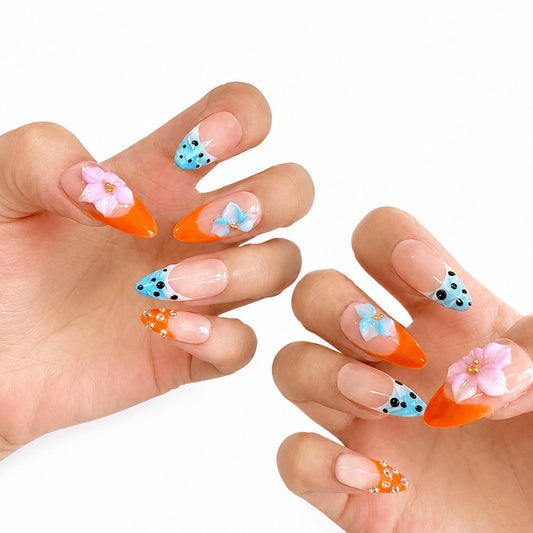Orange Blue Color Block French Almond Press On Nails, 3D Pink Blue Flower Polka Dot Rhinestone Decor Glossy Nude Fake Nails, Summer Cute Reusable False Nail Tips