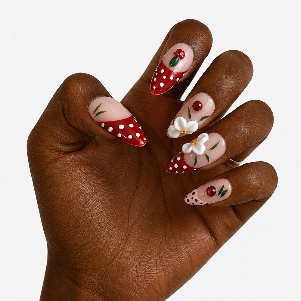 Red Polka Dot Almond Press On Nails, Handmade 3D White Flower Ladybug Mushroom Green Leaf Nude Fake Nails, Cute Sweet Summer Reusable Nail Tips