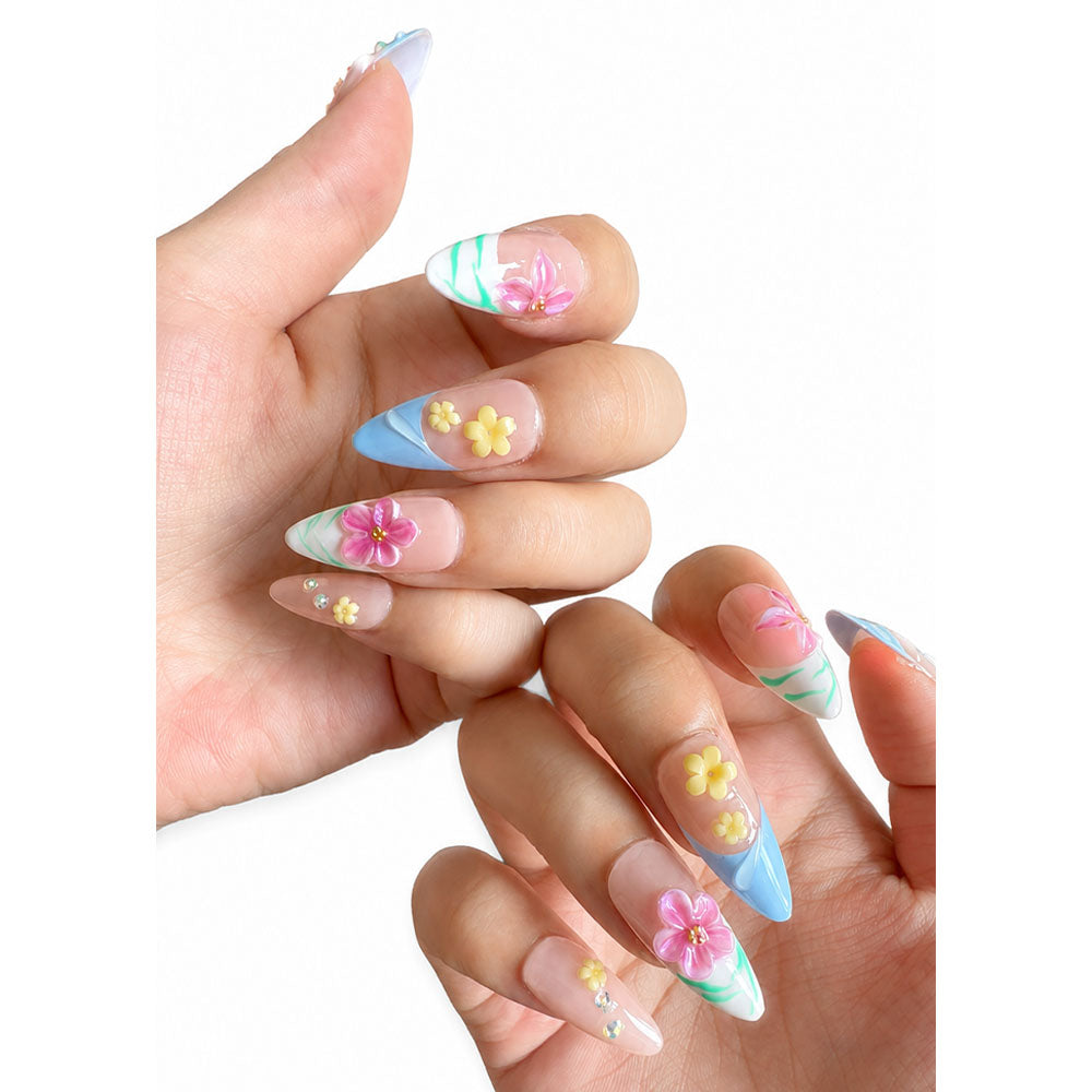 3D Flower Press On Nails | Purely Handmade Light Blue Almond French Tip  Nails, Reusable Spring Floral Nail set