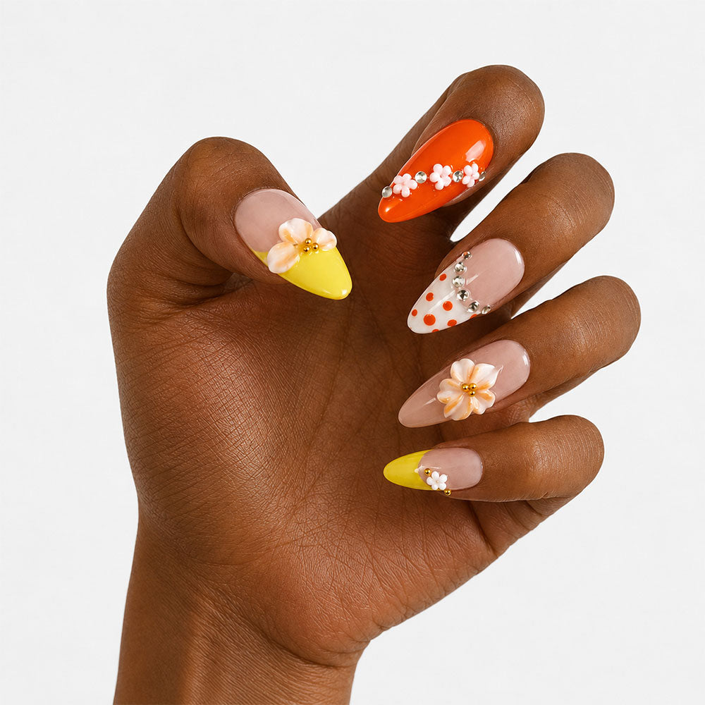 Orange Yellow Color Block Almond Press On Nails, Handmade 3D Cream Flower Red Polka Dot Silver Rhinestone Nude Fake Nails, Cute Summer Reusable False Nail Tips