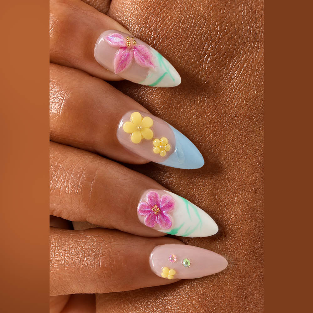 3D Flower Press On Nails | Purely Handmade Light Blue Almond French Tip  Nails, Reusable Spring Floral Nail set