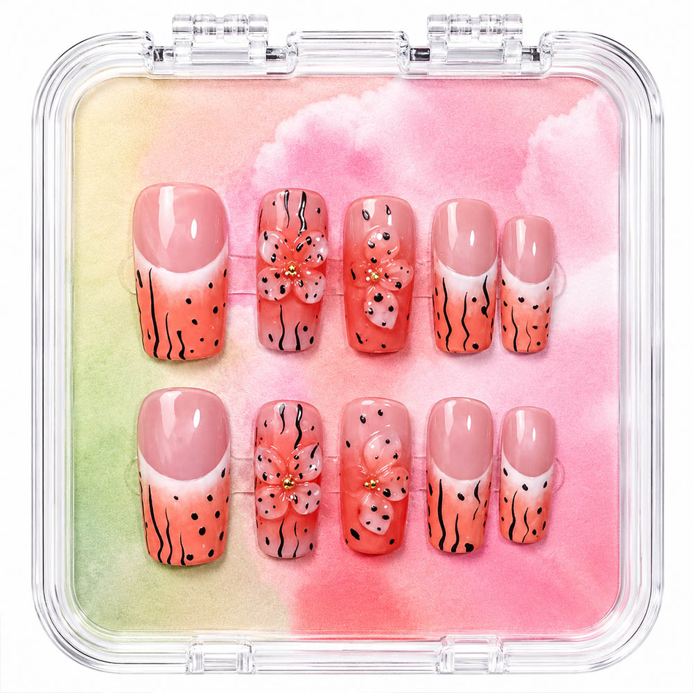 Orange Tiger Print French Coffin Press On Nails, Handmade 3D Bow Rhinestone Decor Gradient Fake Nails, Reusable Y2K Nail Art Tips For Daily Party
