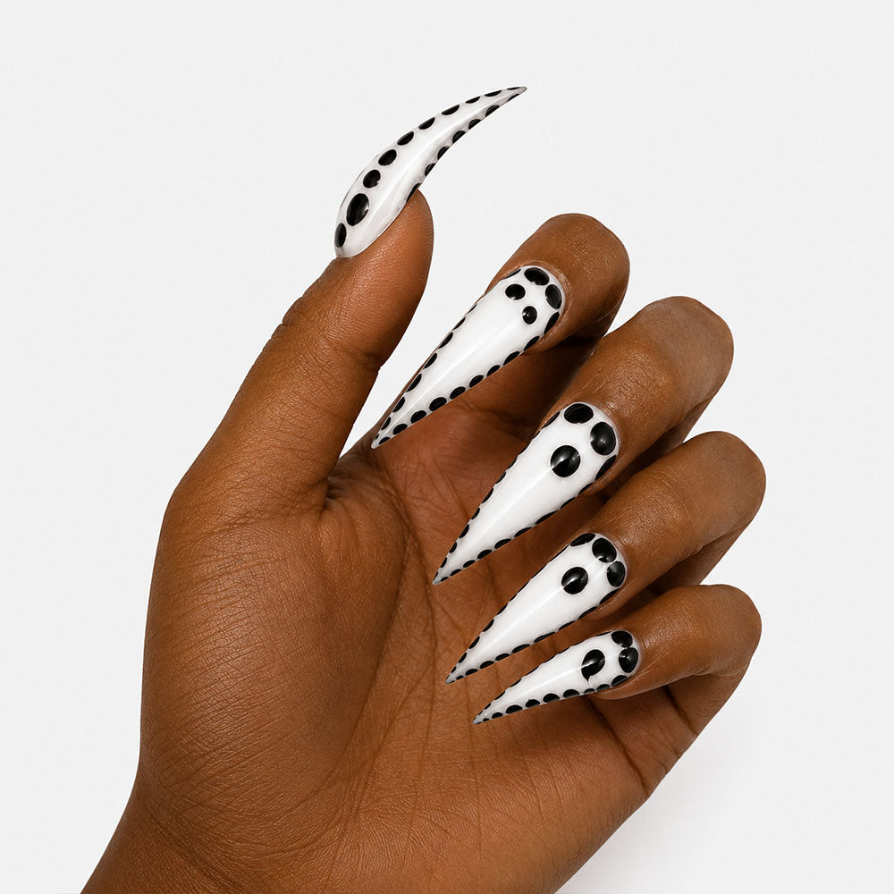 Handmad White Black Polka Dot Cat Claw Press On Nails, Glossy Long Stiletto Fake Nails, Minimalist Y2K Trendy Reusable False Nail Tips for Daily Party